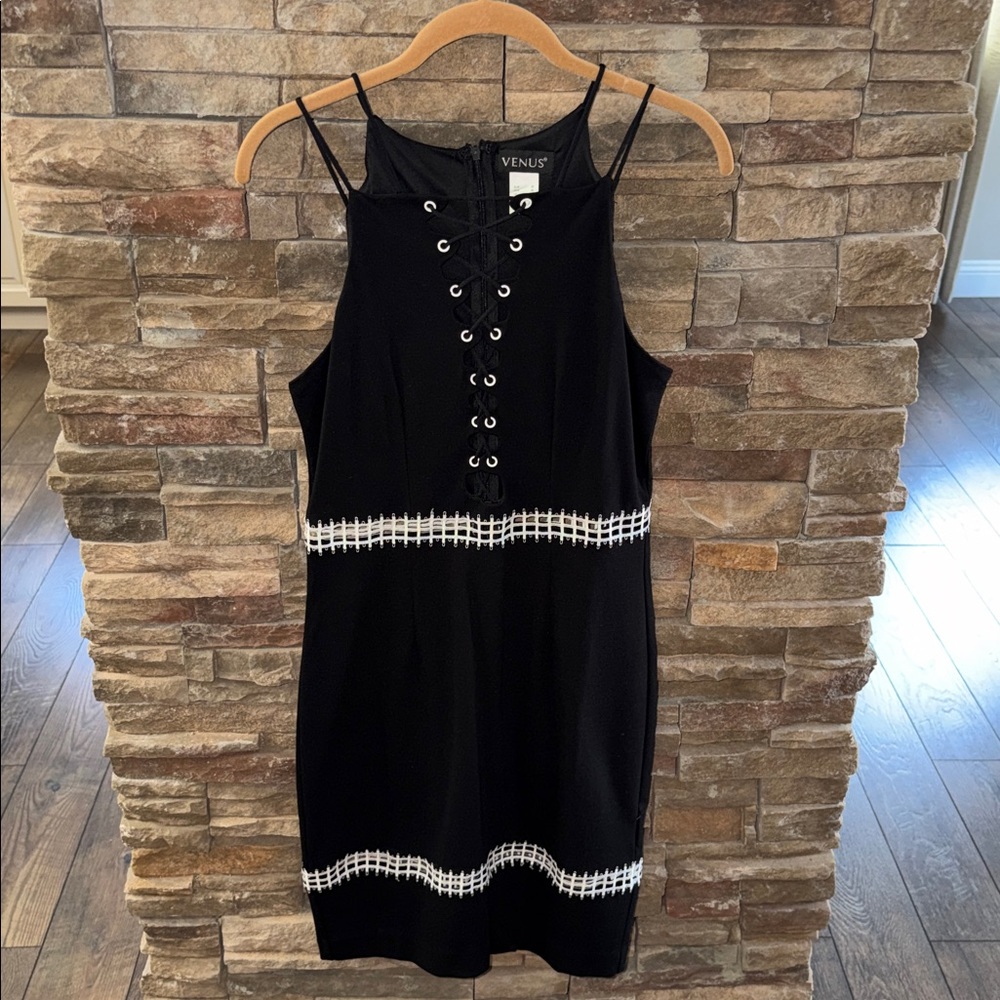 VENUS Black and White Eyelet Midi Dress